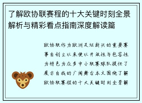 了解欧协联赛程的十大关键时刻全景解析与精彩看点指南深度解读篇