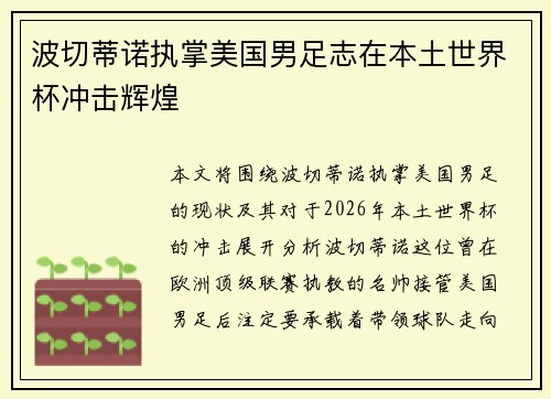 波切蒂诺执掌美国男足志在本土世界杯冲击辉煌